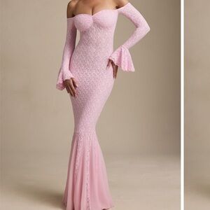 Oh Polly Verena Off-Shoulder Ruffle Lace Maxi Dress in Soft Pink